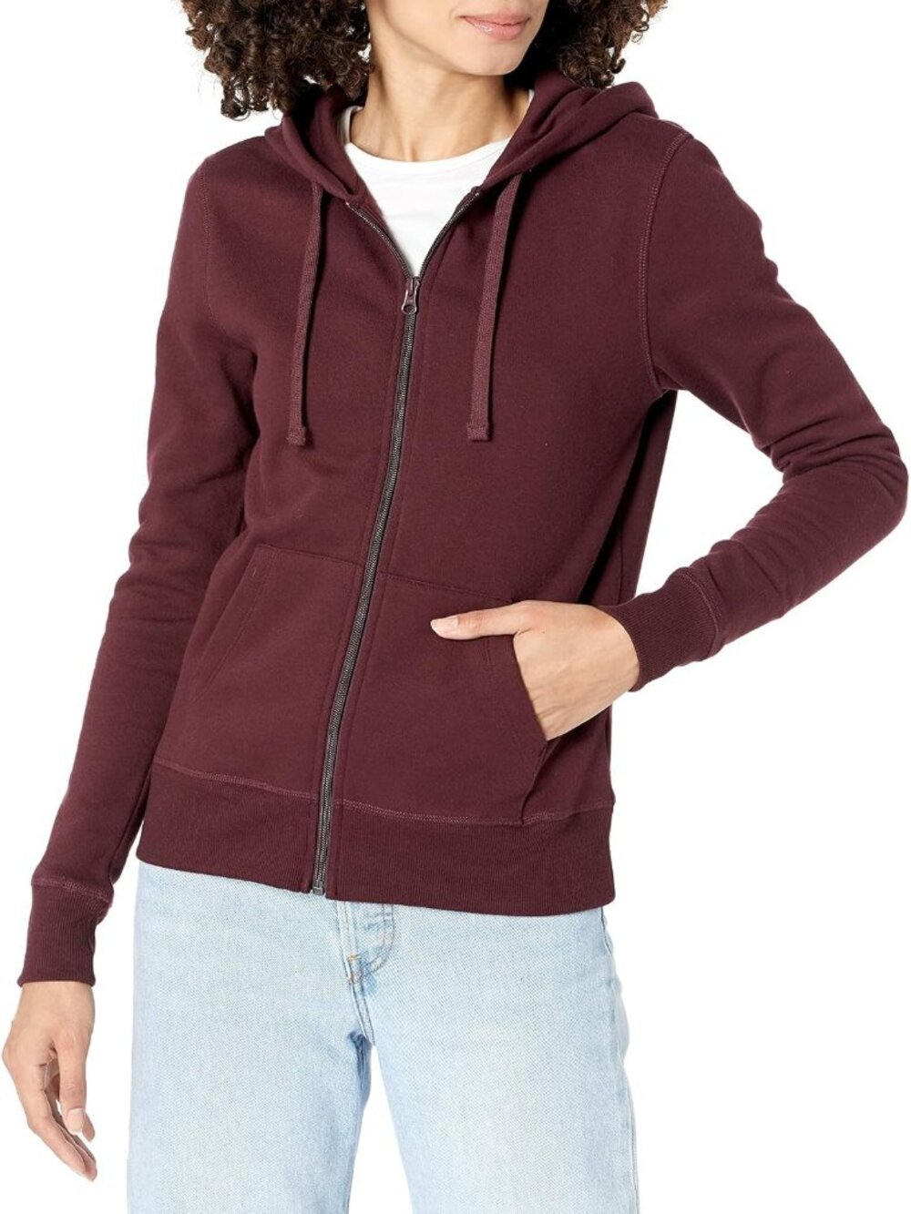 Women Burgundy French Terry Fleece Midweight Full Zip Hoodie With Drawstring